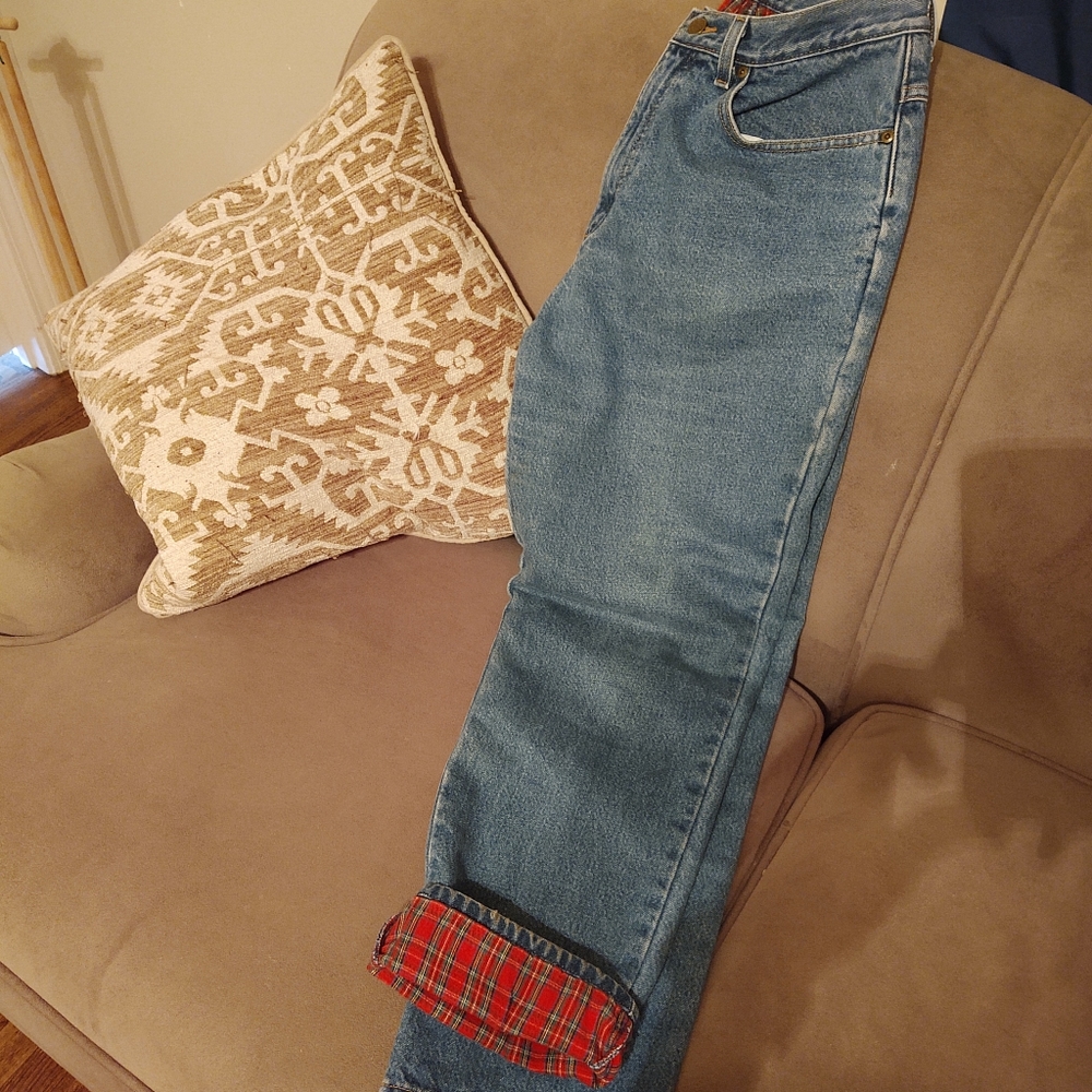 LL Bean plaid flannel lined high waisted jeans